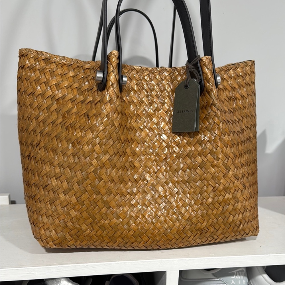 All Saints Brown Woven & Black Leather Tote Bag